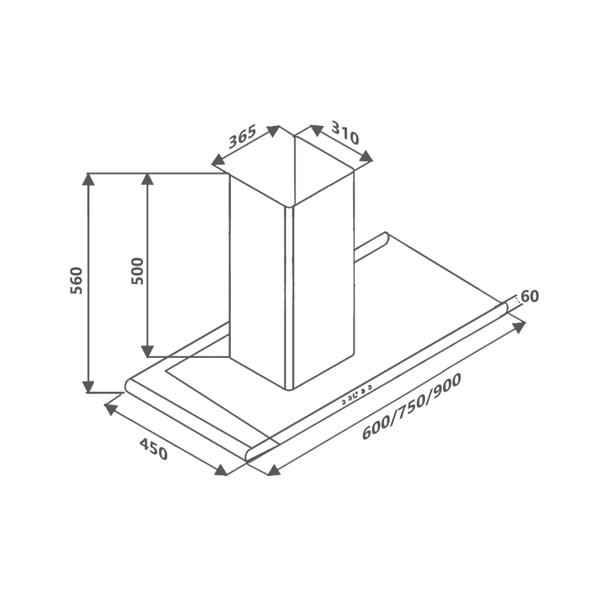 MOLIN 60/75/90 DC - Wall Mounted Kitchen Chimney - Official dimensional drawing